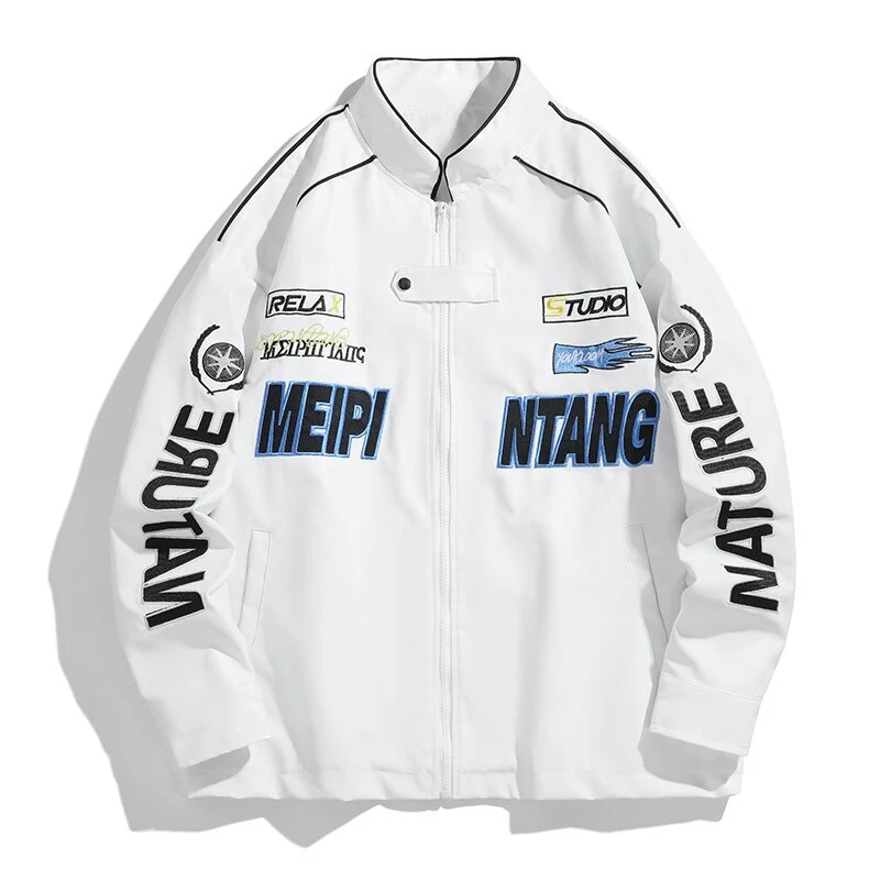 Herren gestickte Utility-Trainingsjacke im Racing‑Look mit Stehkragen Drune