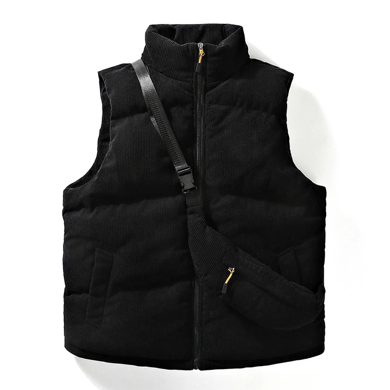 Herren Gesteppte Cord-Ärmellose Thermoweste mit Stehkragen und integrierter Crossbody-Tasche Drune