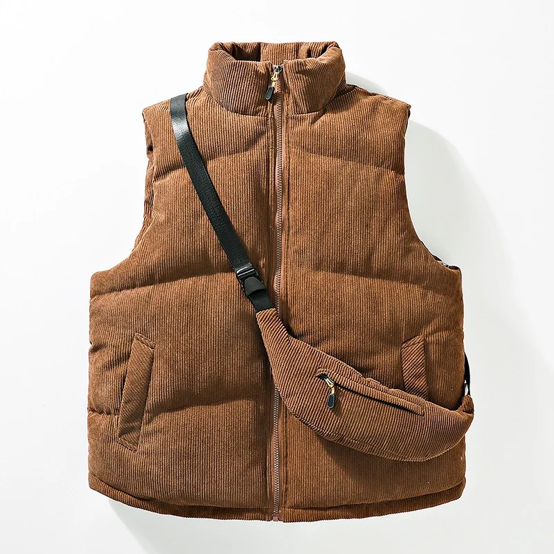 Herren Gesteppte Cord-Ärmellose Thermoweste mit Stehkragen und integrierter Crossbody-Tasche Drune