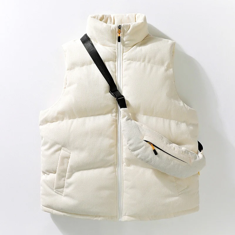 Herren Gesteppte Cord-Ärmellose Thermoweste mit Stehkragen und integrierter Crossbody-Tasche Drune