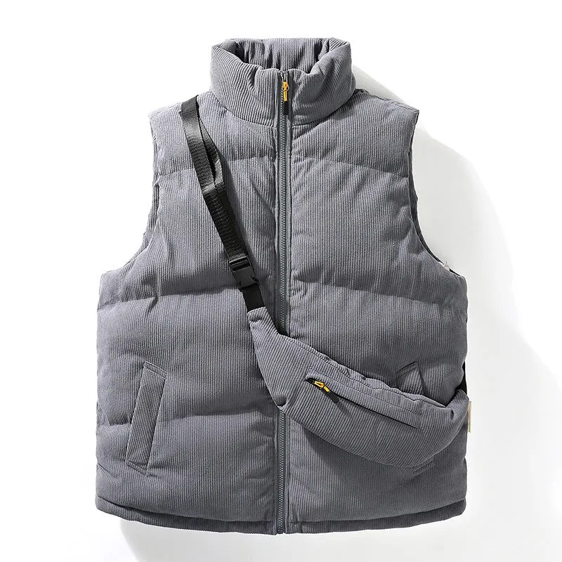 Herren Gesteppte Cord-Ärmellose Thermoweste mit Stehkragen und integrierter Crossbody-Tasche Drune