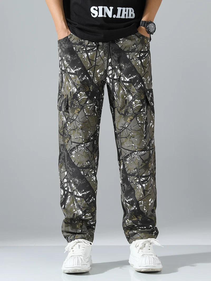 Herren Gemusterte Cargo-Jogginghose mit Tunnelzug, aufgesetzten Taschen & tapered Bein Drune