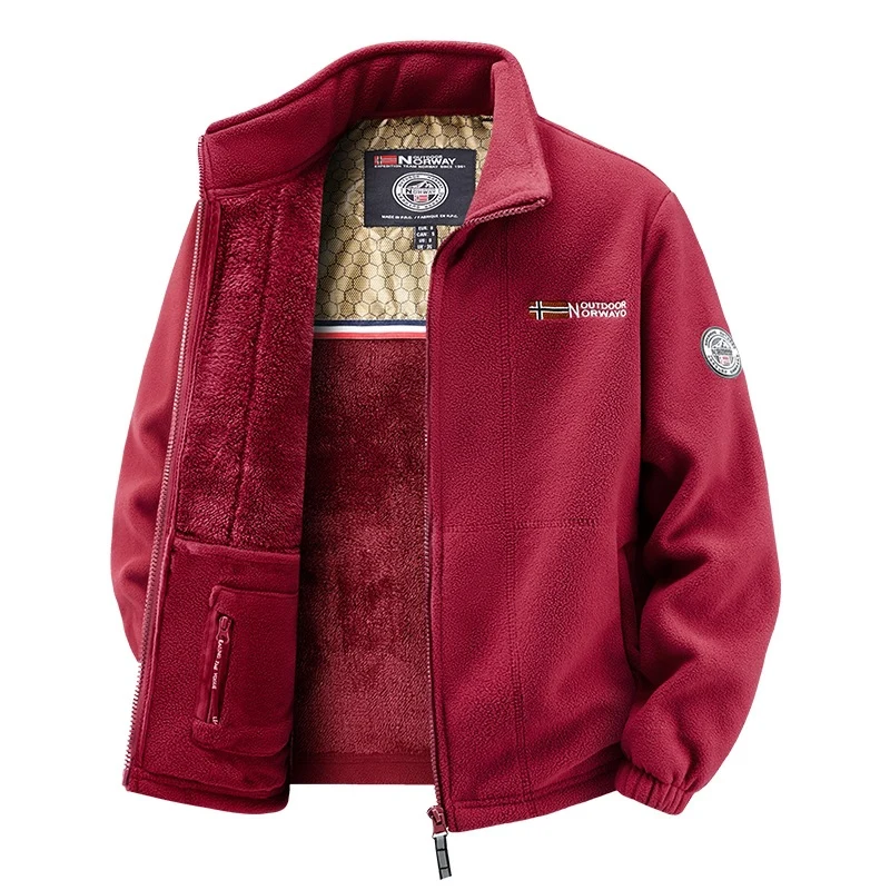Herren Fleecejacke mit Teddy-Innenfutter, hohem Stehkragen und Reißverschlusstaschen Drune