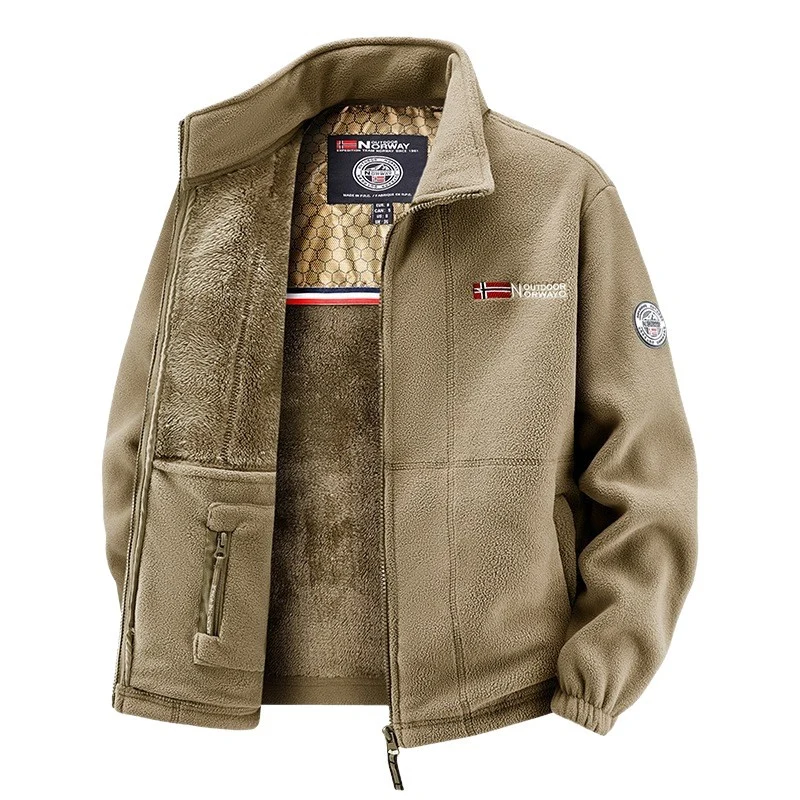 Herren Fleecejacke mit Teddy-Innenfutter, hohem Stehkragen und Reißverschlusstaschen Drune