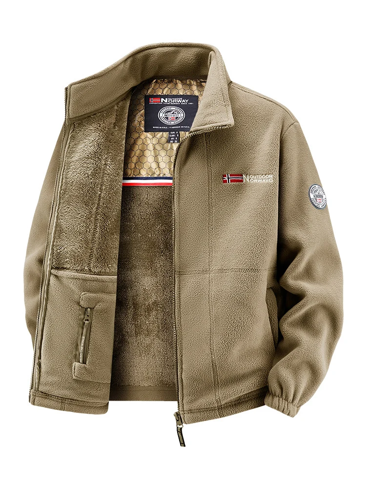 Herren Fleecejacke mit Teddy-Innenfutter, hohem Stehkragen und Reißverschlusstaschen Drune
