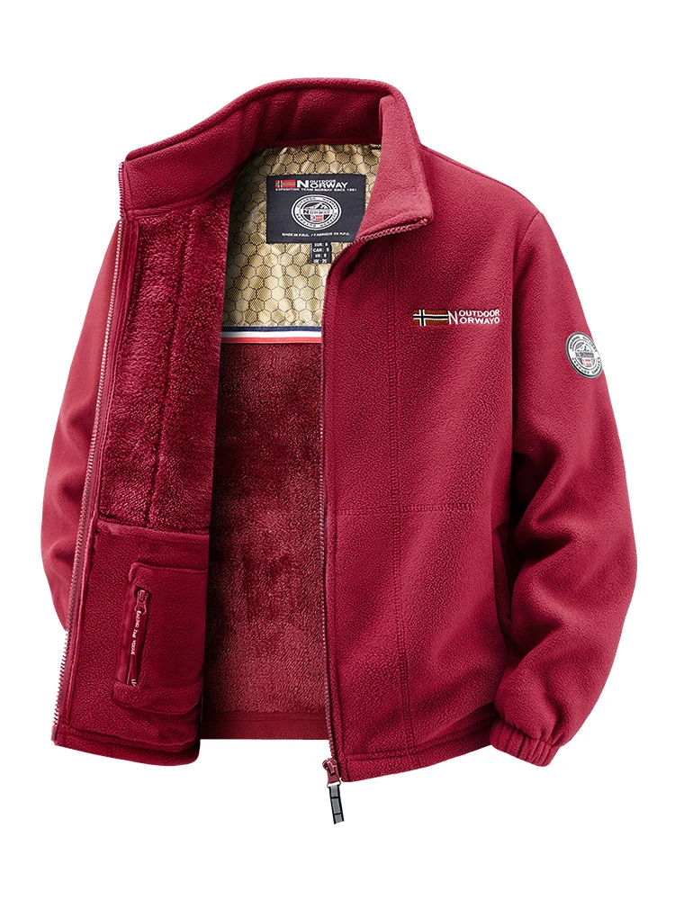 Herren Fleecejacke mit Teddy-Innenfutter, hohem Stehkragen und Reißverschlusstaschen Drune