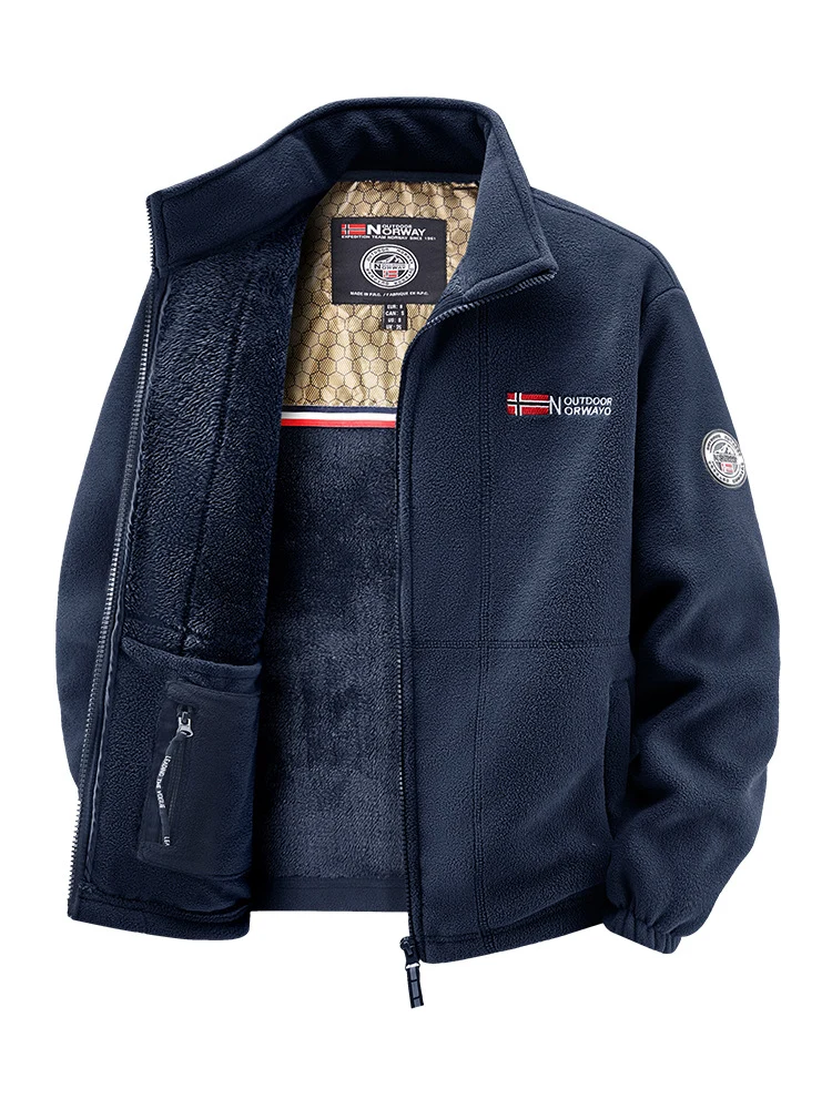 Herren Fleecejacke mit Teddy-Innenfutter, hohem Stehkragen und Reißverschlusstaschen Drune