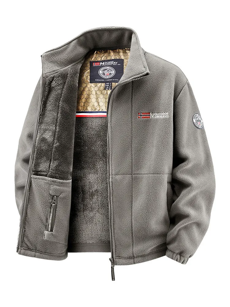 Herren Fleecejacke mit Teddy-Innenfutter, hohem Stehkragen und Reißverschlusstaschen Drune