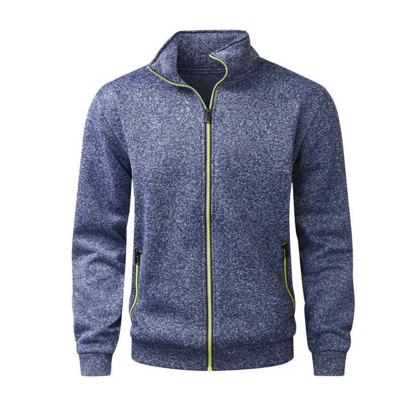 Herren Fleece-Strickjacke mit durchgehendem Reißverschluss, Stehkragen & Neon-Kontrastdetails Drune