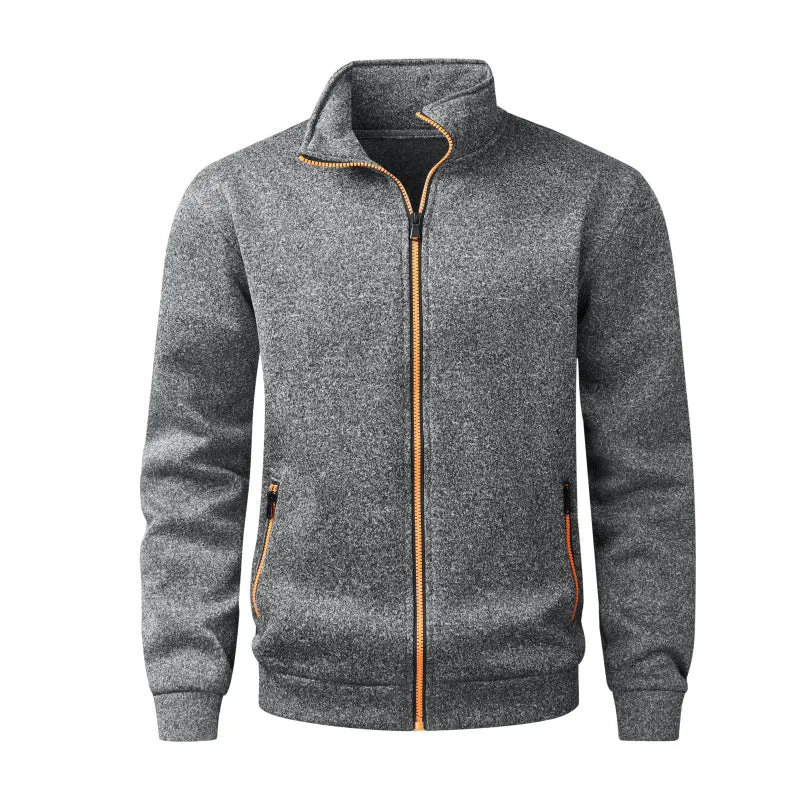 Herren Fleece-Strickjacke mit durchgehendem Reißverschluss, Stehkragen & Neon-Kontrastdetails Drune