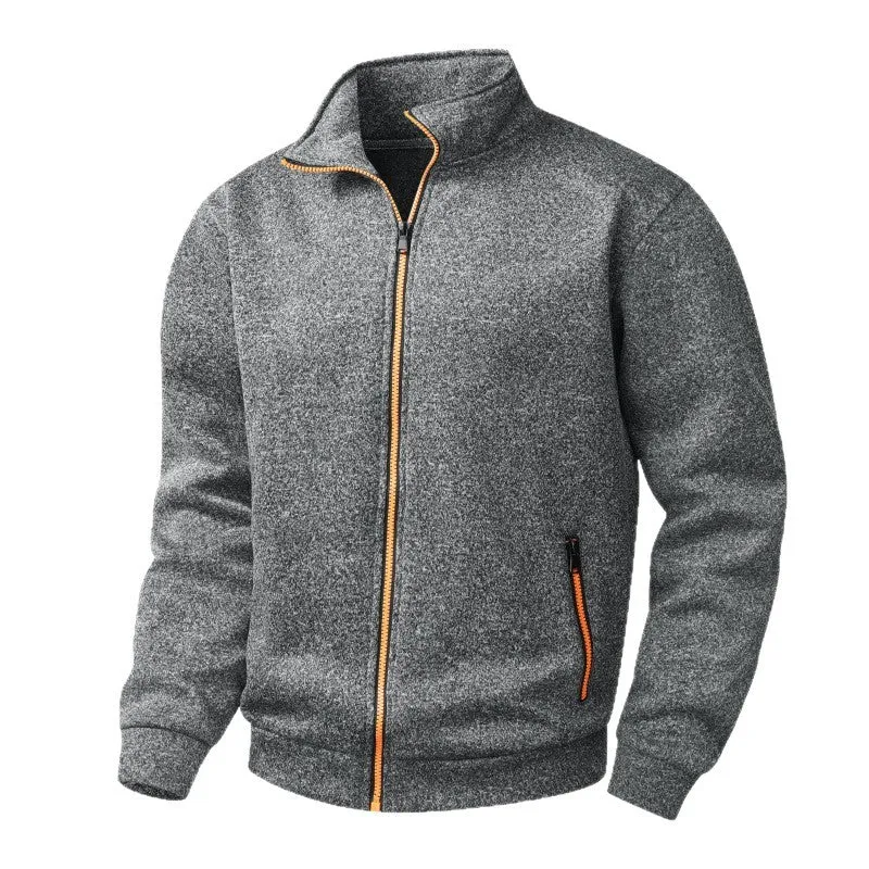 Herren Fleece-Strickjacke mit durchgehendem Reißverschluss, Stehkragen & Neon-Kontrastdetails Drune