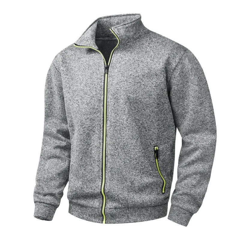 Herren Fleece-Strickjacke mit durchgehendem Reißverschluss, Stehkragen & Neon-Kontrastdetails Drune
