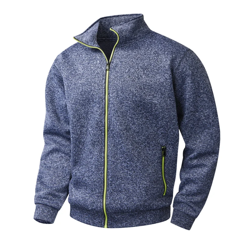 Herren Fleece-Strickjacke mit durchgehendem Reißverschluss, Stehkragen & Neon-Kontrastdetails Drune