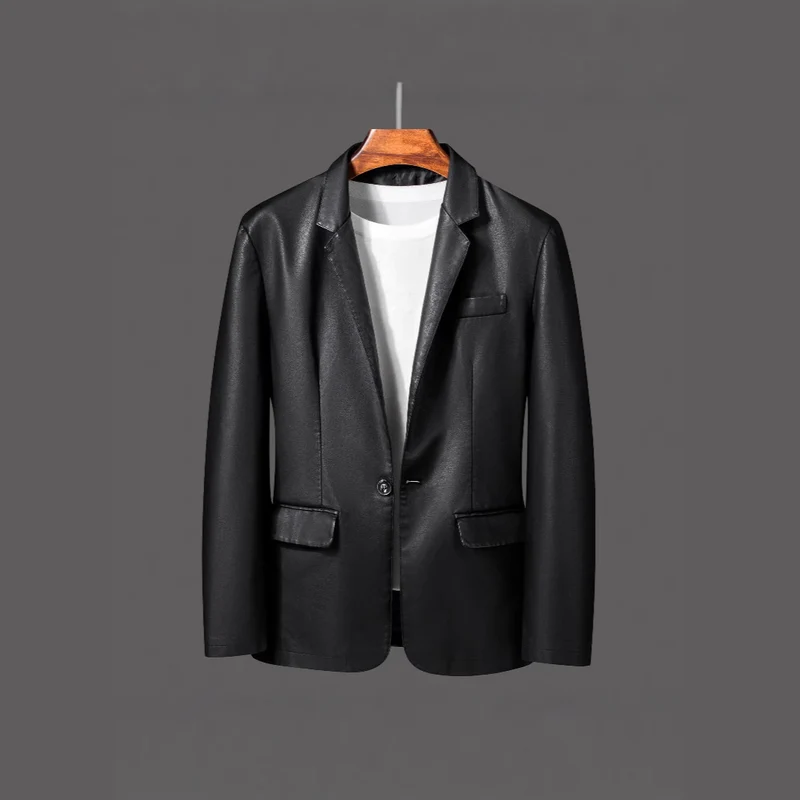 Herren Einreihiger Blazer aus Lederimitat mit Notch-Revers und Pattentaschen Drune