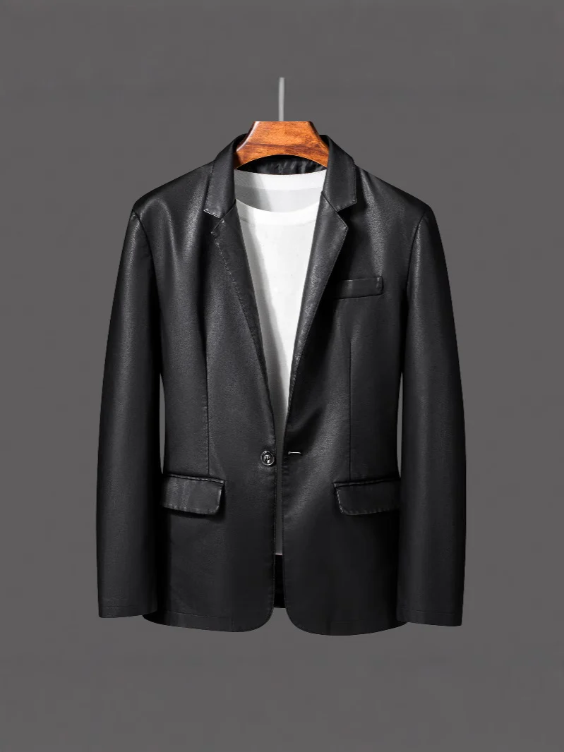 Herren Einreihiger Blazer aus Lederimitat mit Notch-Revers und Pattentaschen Drune