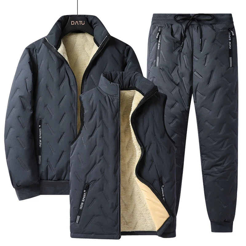 Herren Dreiteiliges gestepptes Winter-Set mit Teddyfutter — Stehkragenjacke, wattierte Weste & Thermohose Drune