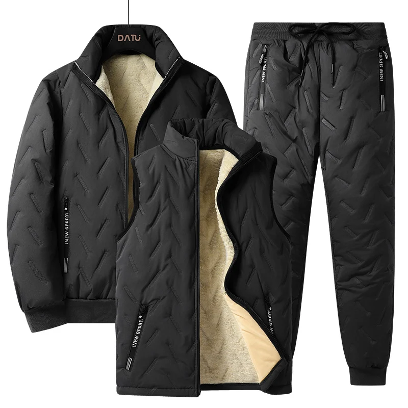 Herren Dreiteiliges gestepptes Winter-Set mit Teddyfutter — Stehkragenjacke, wattierte Weste & Thermohose Drune