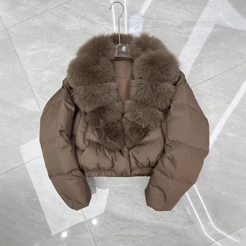 Damen nan kurz geschnittene Boxy-Pufferjacke mit extra großem Webpelzkragen und formstabilem Saum Drune