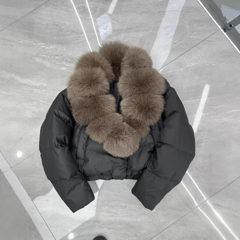 Damen nan kurz geschnittene Boxy-Pufferjacke mit extra großem Webpelzkragen und formstabilem Saum Drune