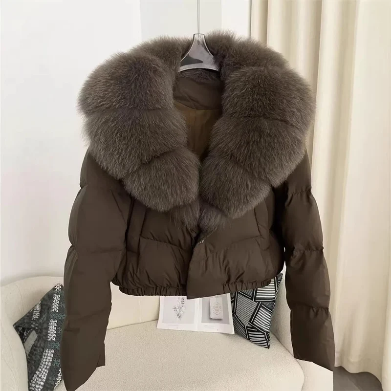 Damen nan kurz geschnittene Boxy-Pufferjacke mit extra großem Webpelzkragen und formstabilem Saum Drune