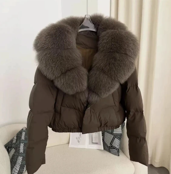 Damen nan kurz geschnittene Boxy-Pufferjacke mit extra großem Webpelzkragen und formstabilem Saum Drune