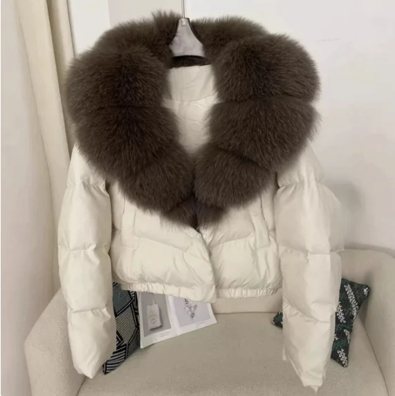 Damen nan kurz geschnittene Boxy-Pufferjacke mit extra großem Webpelzkragen und formstabilem Saum Drune