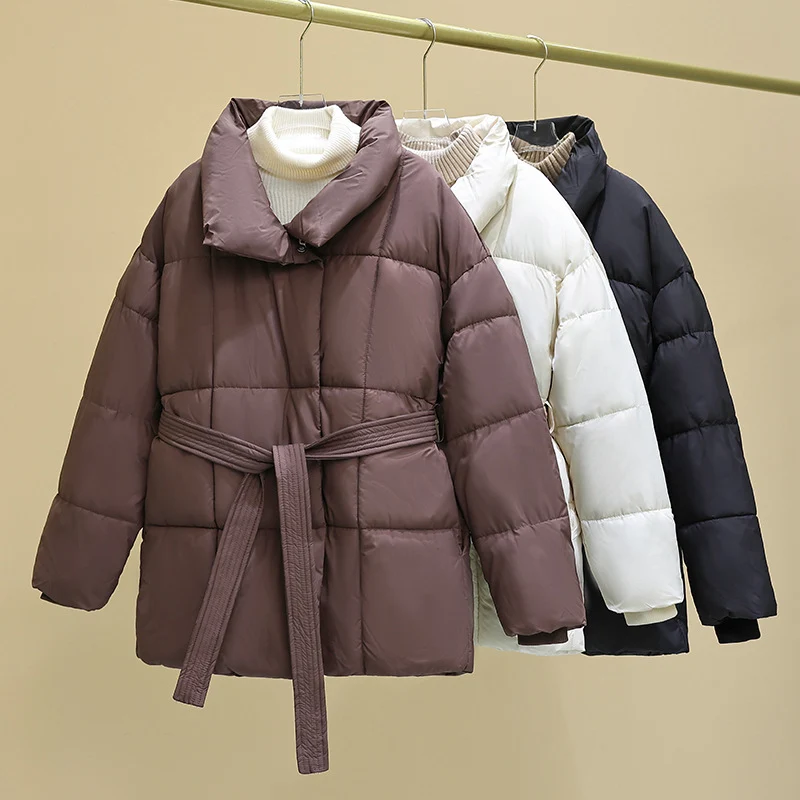 Damen nan gesteppte Winterjacke mit Taillengürtel, Stehkragen und Rippbündchen Drune