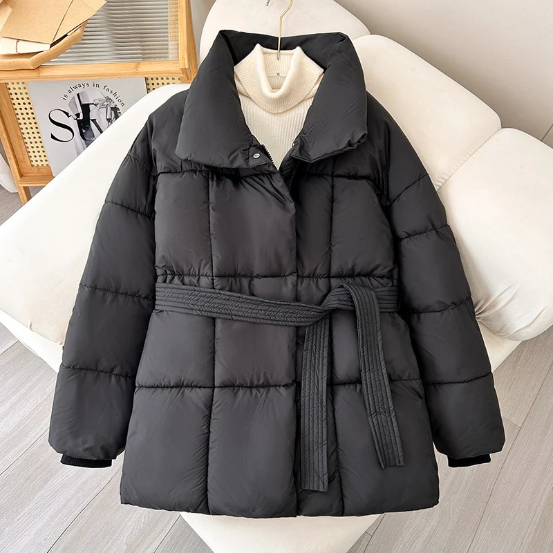 Damen nan gesteppte Winterjacke mit Taillengürtel, Stehkragen und Rippbündchen Drune