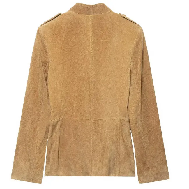Damen Taillierte Wildlederjacke im Military‑Look mit Stehkragen, aufgesetzten Pattentaschen und verdeckter Knopfleiste Drune
