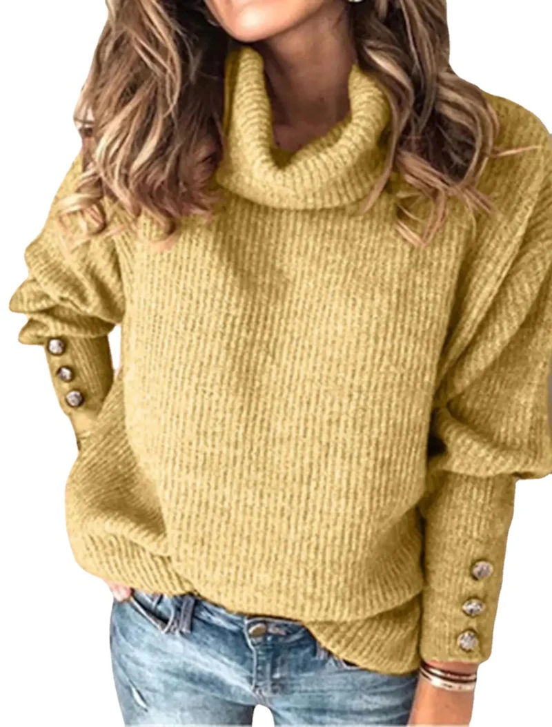 Damen Oversize-Rollkragenpullover mit Strukturstrick und Zierknöpfen Drune