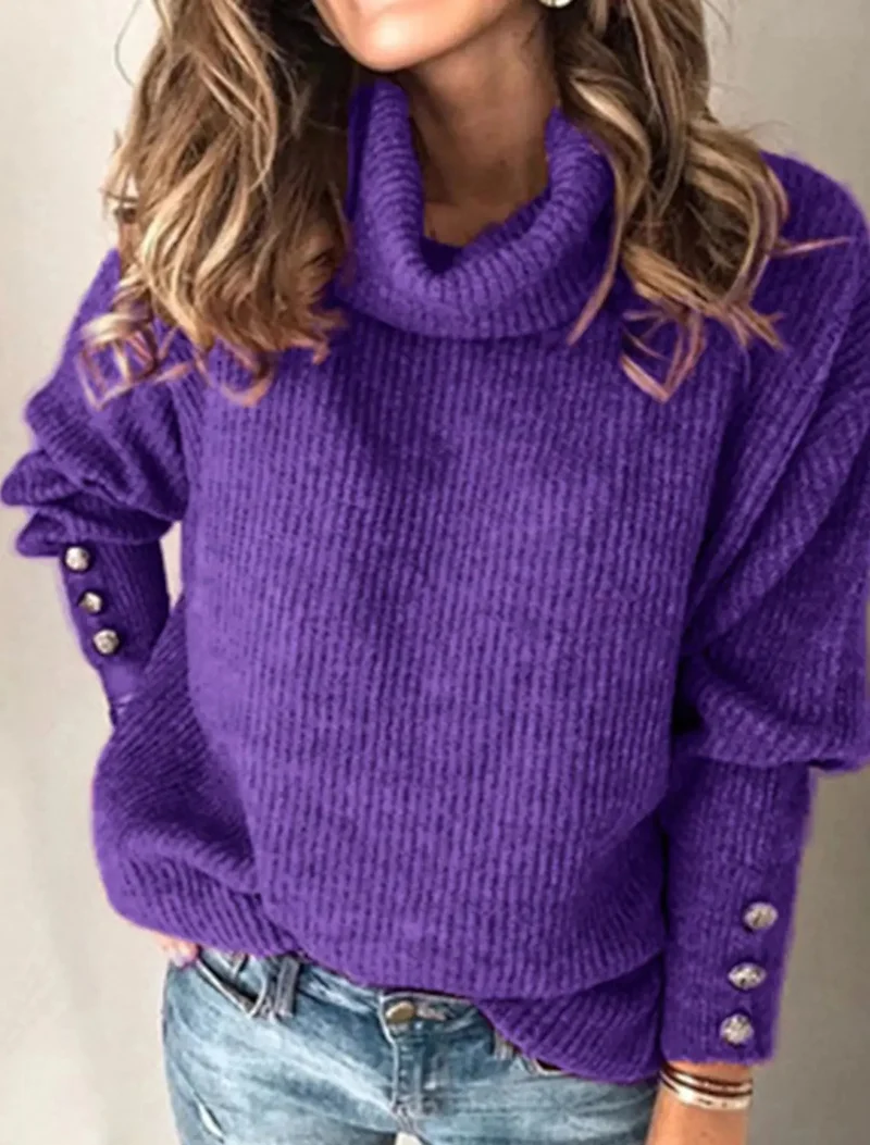 Damen Oversize-Rollkragenpullover mit Strukturstrick und Zierknöpfen Drune