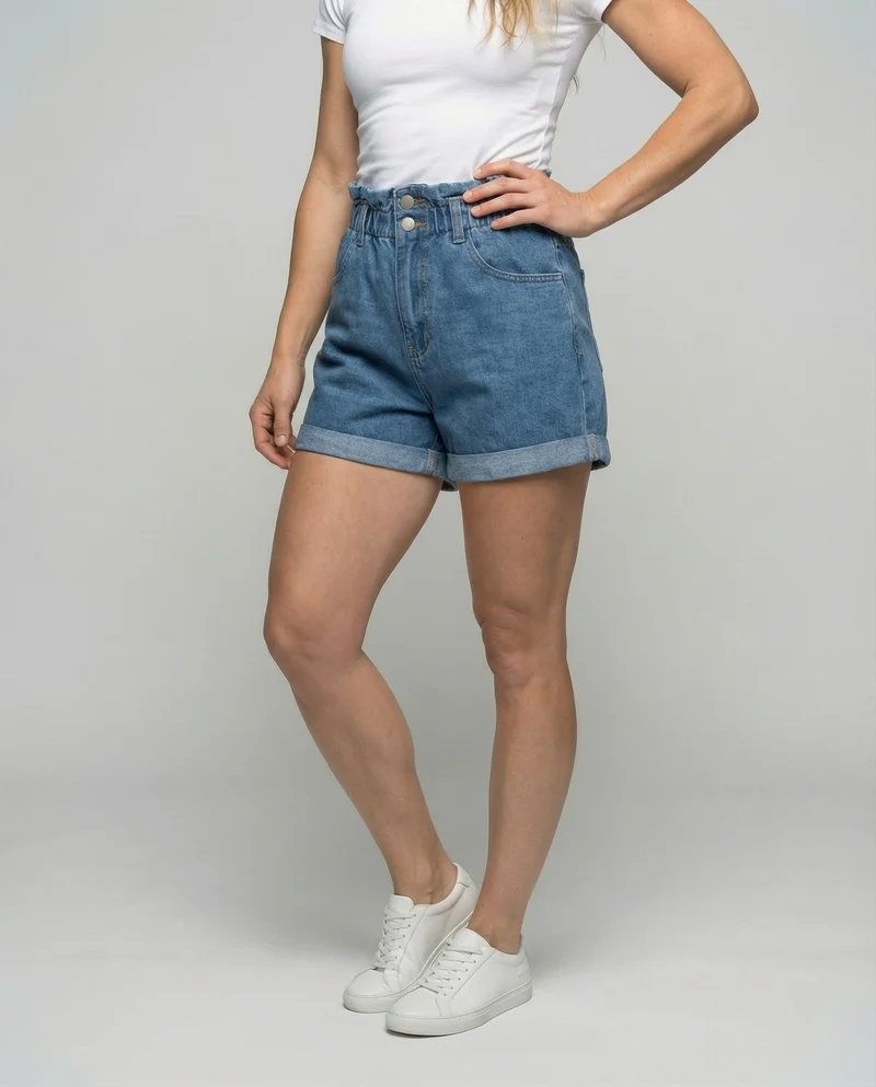 Damen Jeans Shorts Rüschenbund High Waist
