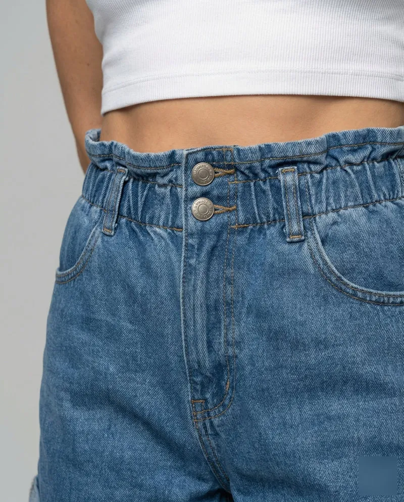 Damen Jeans Shorts Rüschenbund High Waist