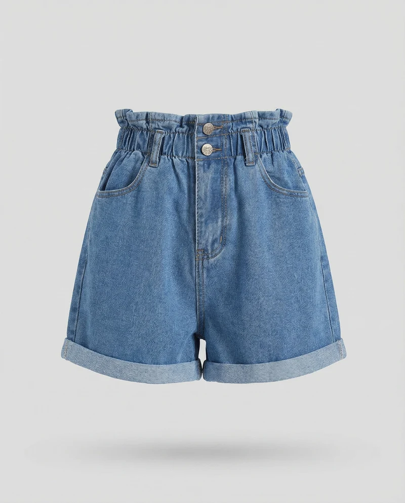 Damen Jeans Shorts Rüschenbund High Waist