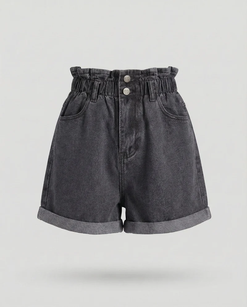 Damen Jeans Shorts Rüschenbund High Waist
