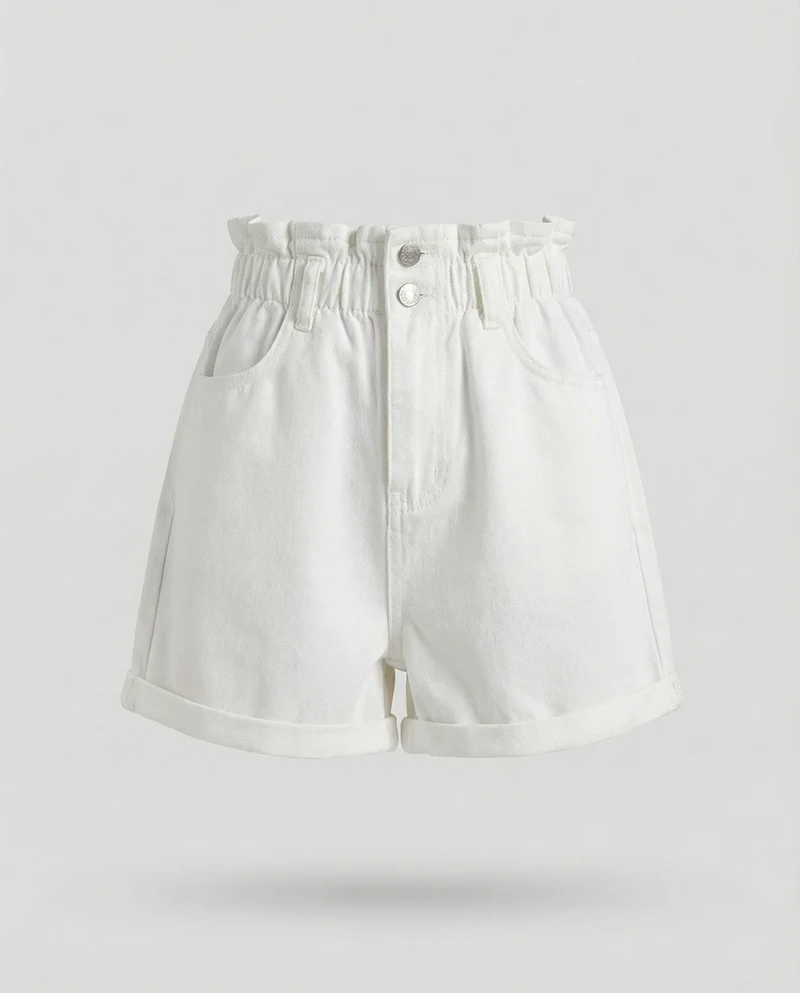 Damen Jeans Shorts Rüschenbund High Waist