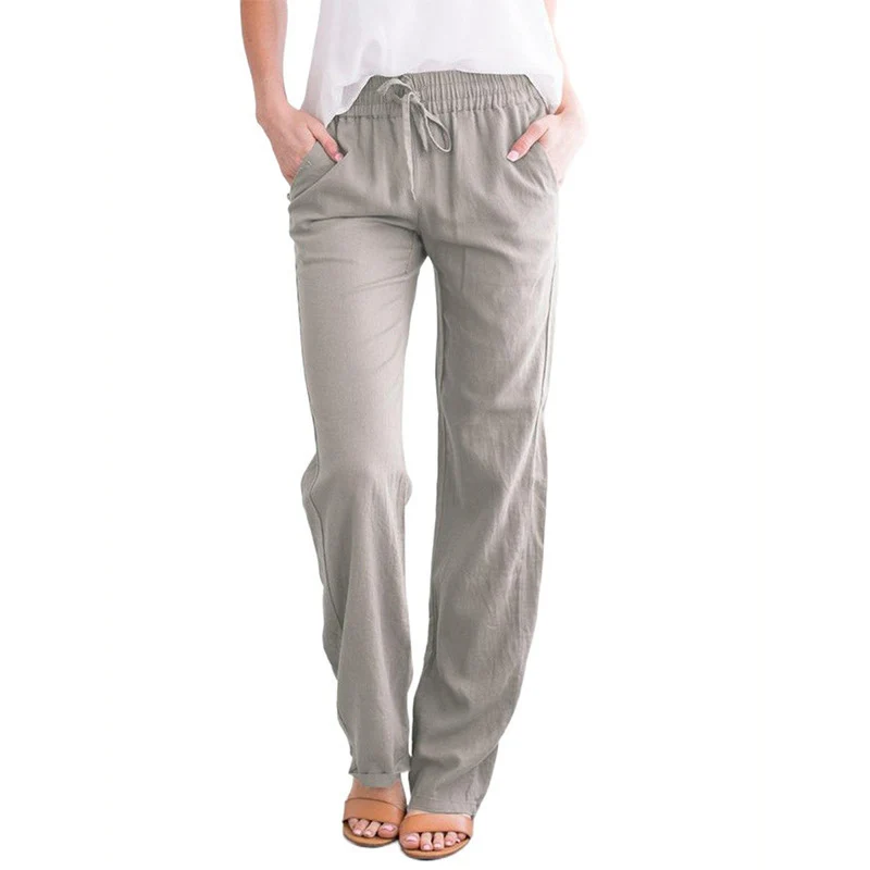 Damen Leichte Leinenoptik Palazzo-Hose mit Gummibund, Tunnelzug und Eingrifftaschen Drune