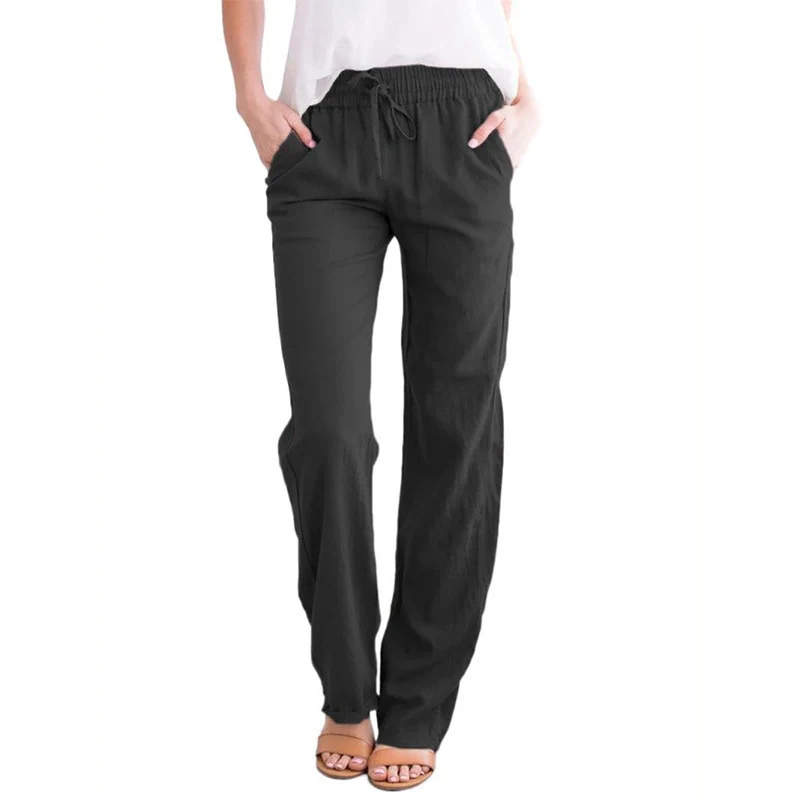 Damen Leichte Leinenoptik Palazzo-Hose mit Gummibund, Tunnelzug und Eingrifftaschen Drune