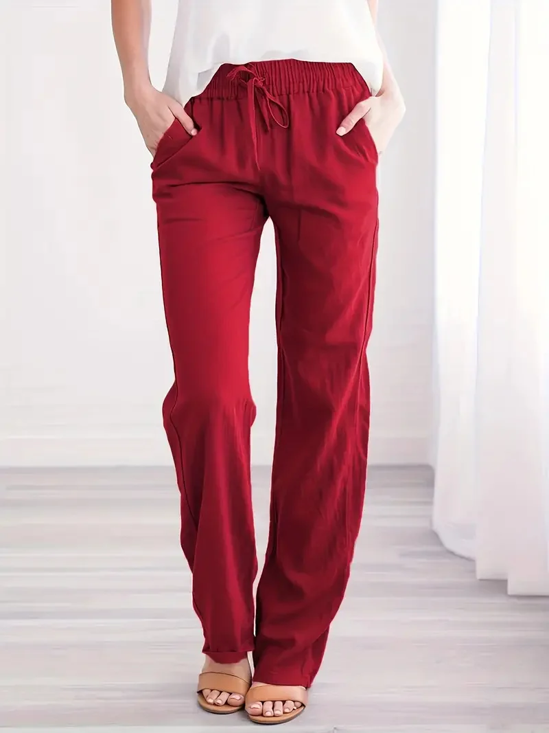 Damen Leichte Leinenoptik Palazzo-Hose mit Gummibund, Tunnelzug und Eingrifftaschen Drune