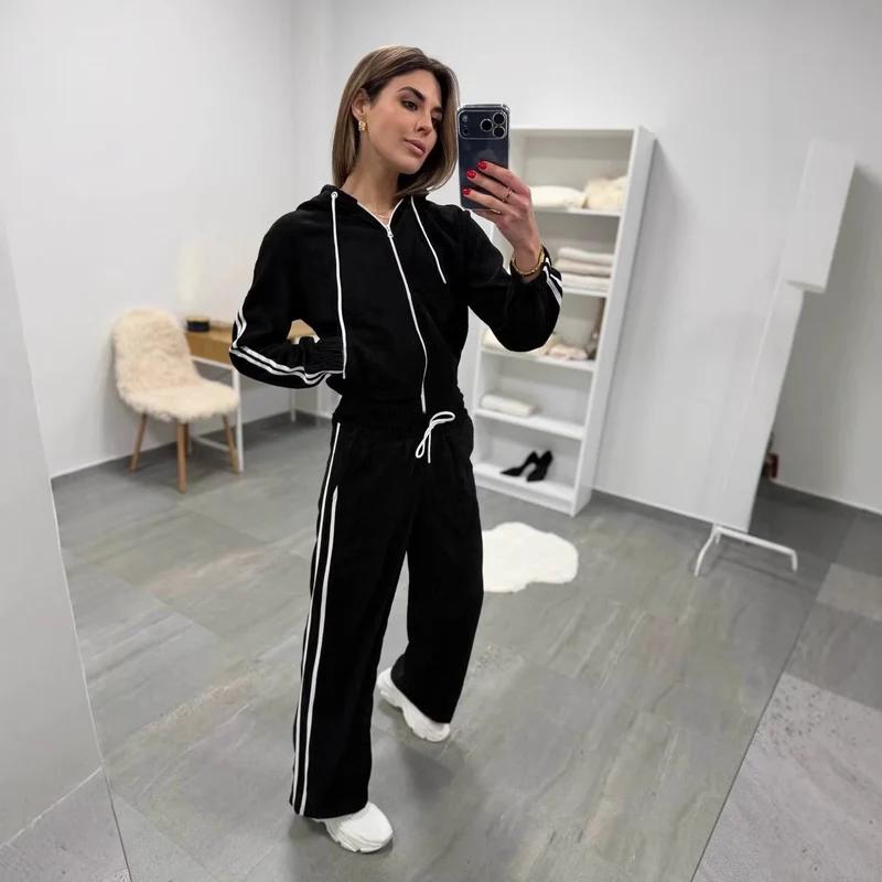 Damen Cord-Jogginganzug mit Kapuze, seitlichen Kontraststreifen, Tunnelzug und elastischen Saumbündchen Drune