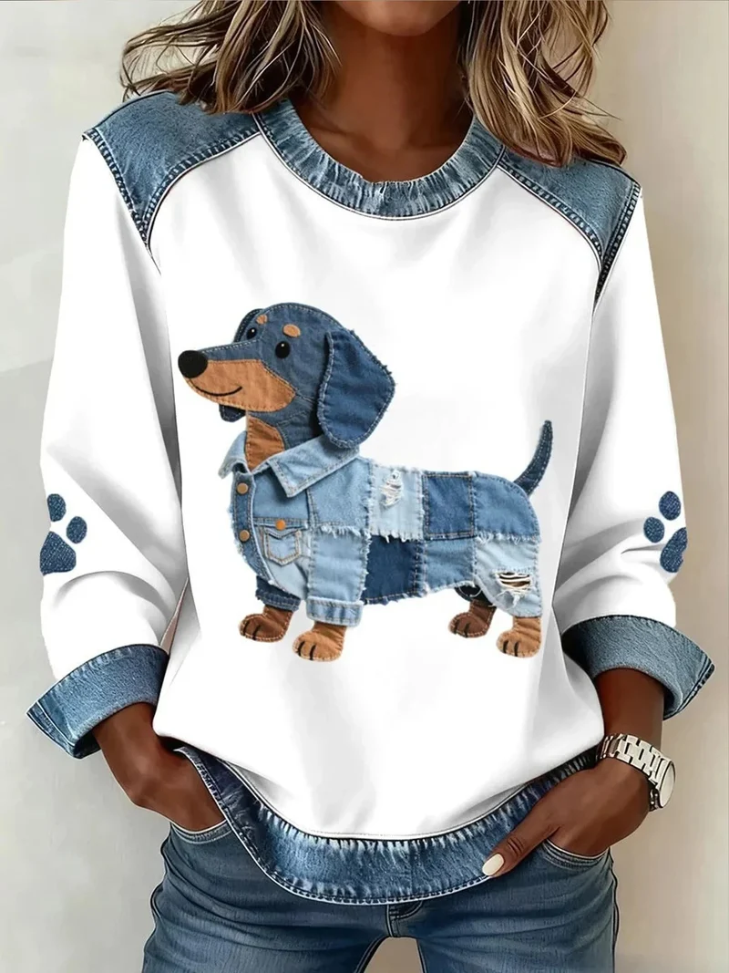 Damen Modischer Sweatshirt mit Karomuster und Denim-Details
