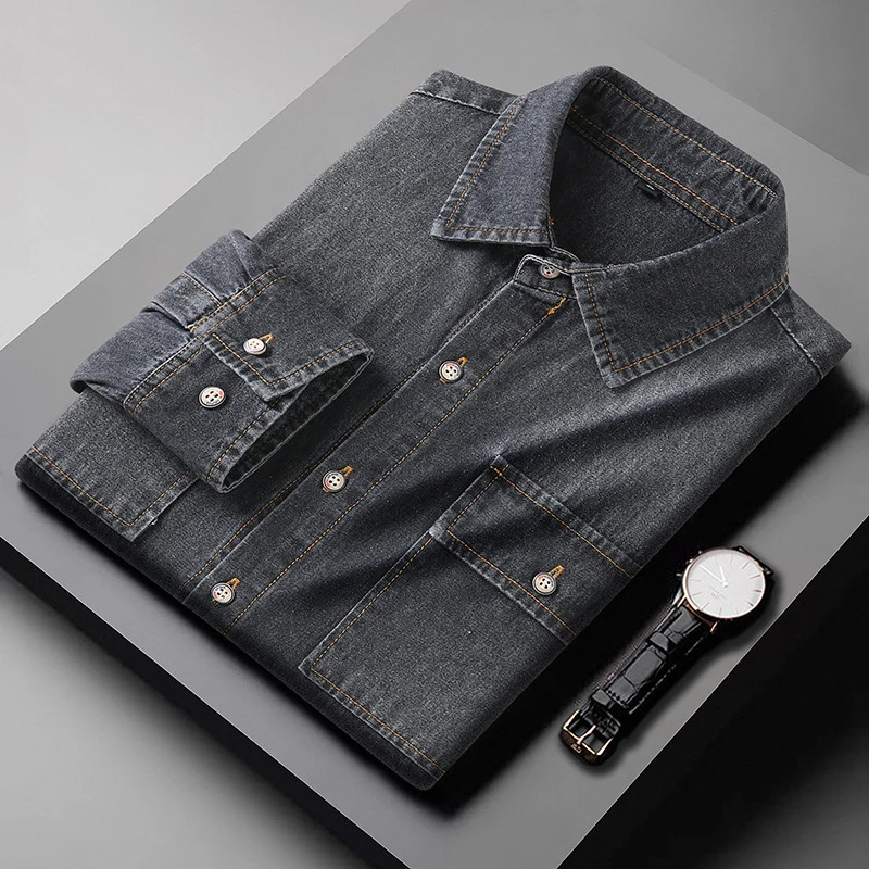 Herren Jeanshemd aus Denim mit Brustpattentaschen und Kentkragen Drune
