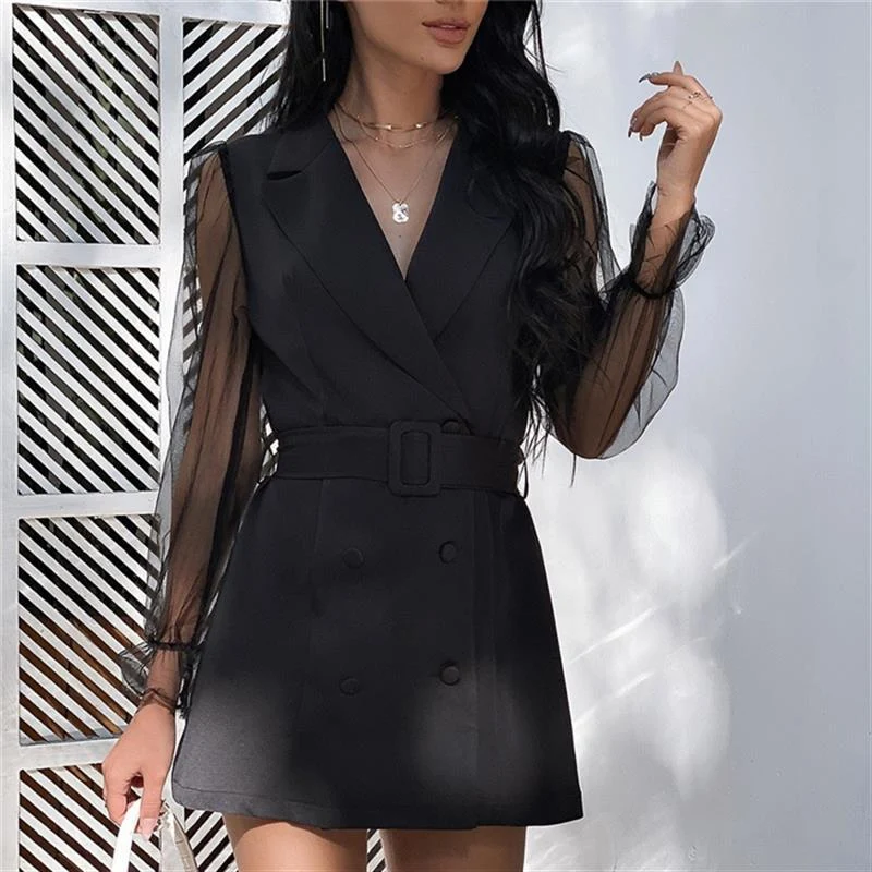 Damen Blazer-Kleid mit transparenten Ärmeln und tailliertem Schnitt Drune