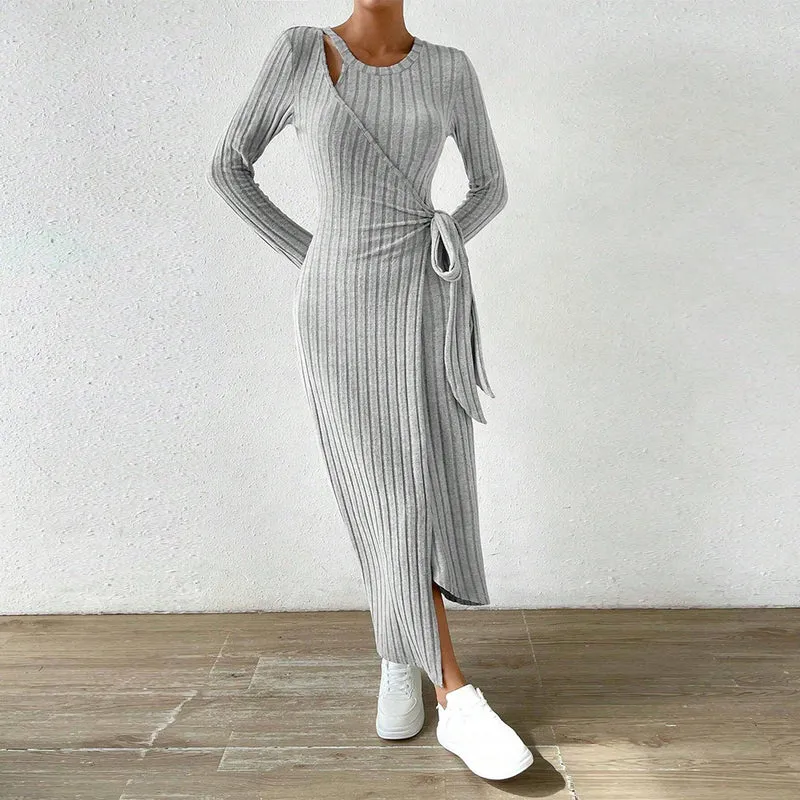 Damen geripptes Midikleid mit Wickeloptik, Taillenbindegürtel, One-Shoulder Cutout und seitlichem Beinschlitz Drune