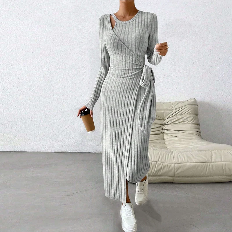 Damen geripptes Midikleid mit Wickeloptik, Taillenbindegürtel, One-Shoulder Cutout und seitlichem Beinschlitz Drune