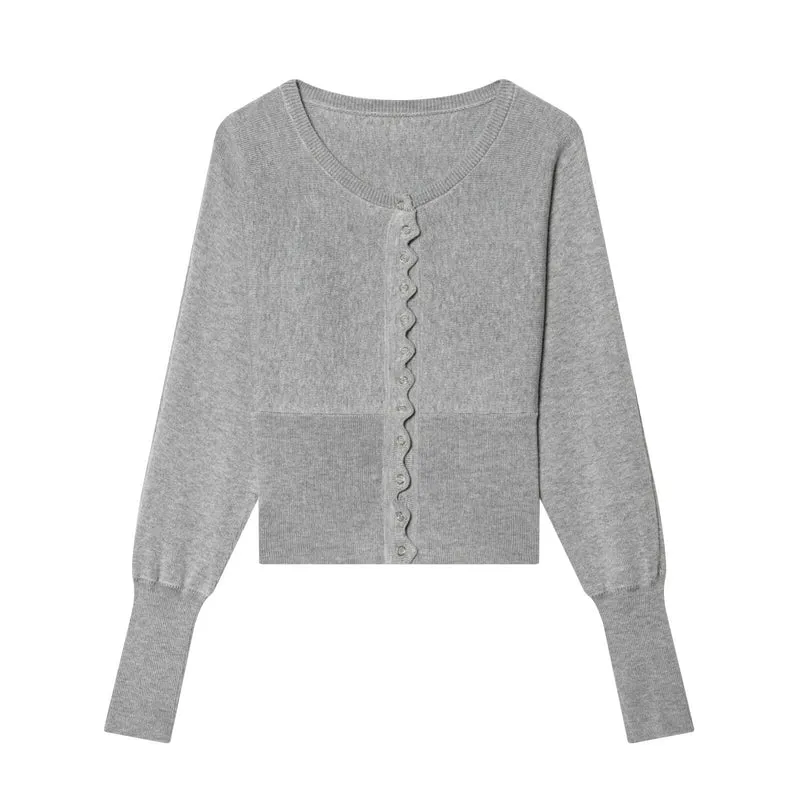 Damen Feinstrick-Cardigan-und-Shorts-Set mit Wellensaum und gerippten Bündchen Drune