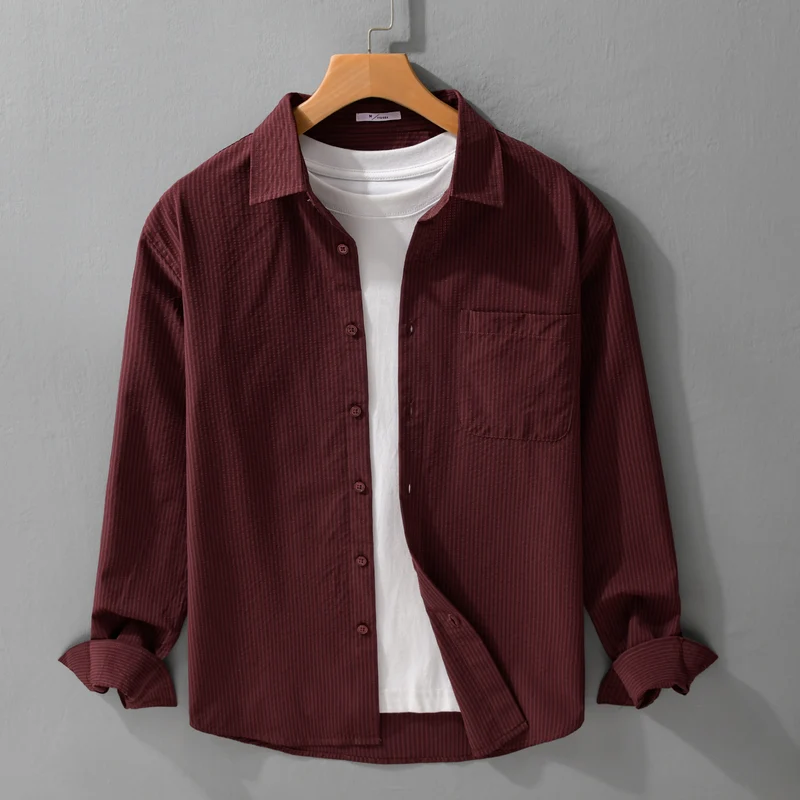 Herren Struktur-Overshirt aus atmungsaktivem Baumwollmix mit feinem Streifenrelief und Brusttasche Drune