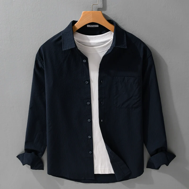 Herren Struktur-Overshirt aus atmungsaktivem Baumwollmix mit feinem Streifenrelief und Brusttasche Drune
