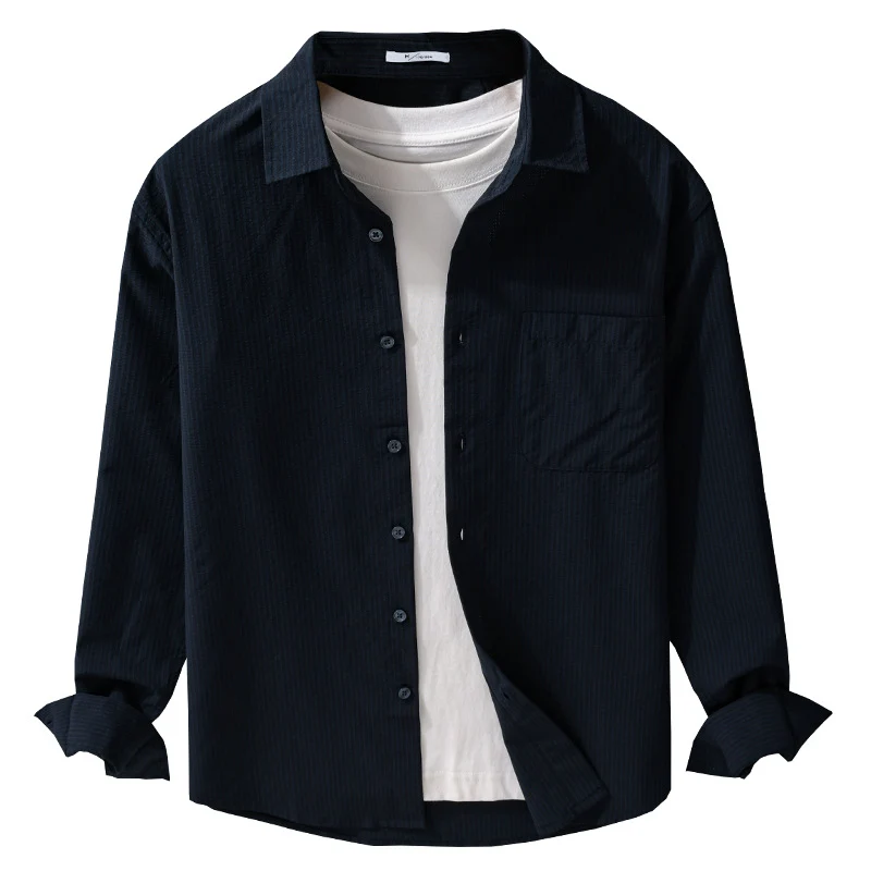 Herren Struktur-Overshirt aus atmungsaktivem Baumwollmix mit feinem Streifenrelief und Brusttasche Drune