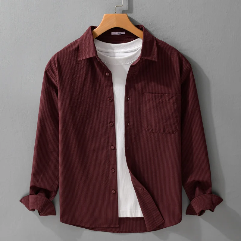 Herren Struktur-Overshirt aus atmungsaktivem Baumwollmix mit feinem Streifenrelief und Brusttasche Drune